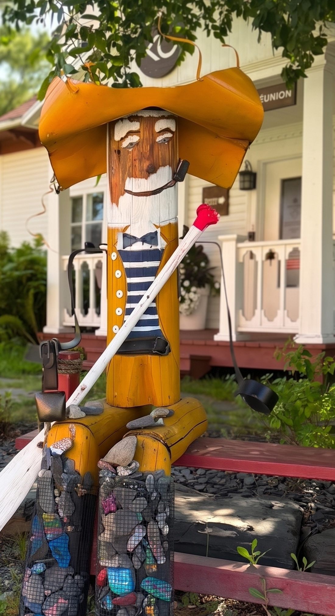 Pitoune en tuxedo : personnage sculpté dans un tronc, coiffé d'un large chapeau de bois, pipe à la bouche, nœud papillon et gilet rayé, tenant un aviron